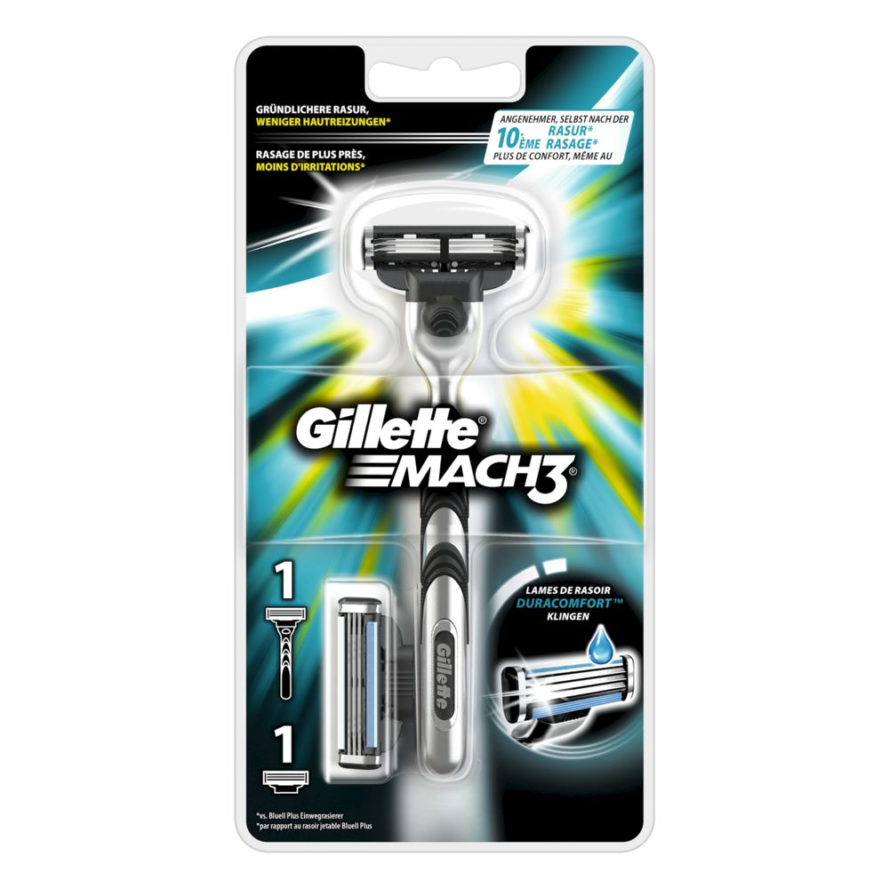 Gillette MACH3 Rasierer mit 2 Klingen in Verpackung. Enthält Rasierer und Ersatzklingen. Blaue und silberne Farbtöne.