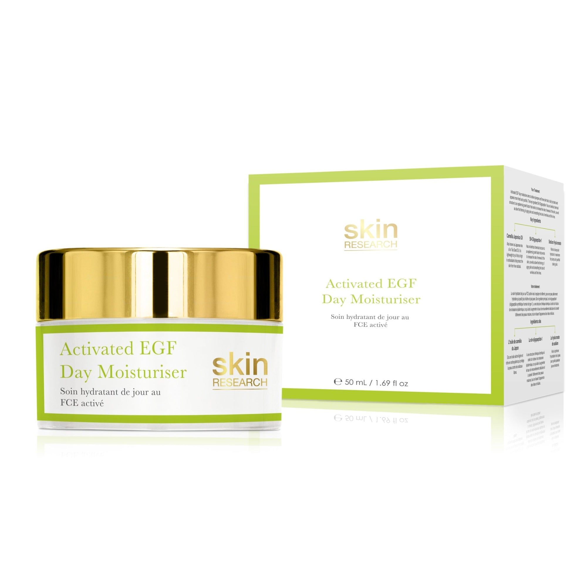 Cremebehälter und Verpackung. Aufschrift: Activated EGF Day Moisturiser und skin RESEARCH. Verpackung: grün-weiß mit Text.