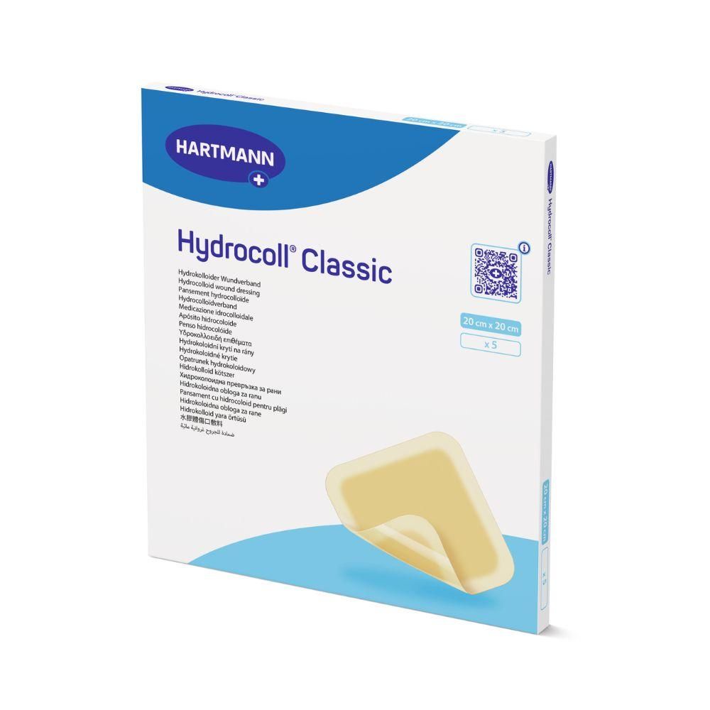 Verpackung mit Hydrocoll Classic Wundverband. Marke Hartmann. 20x20cm. Quadratische Packung mit Produktabbildung.