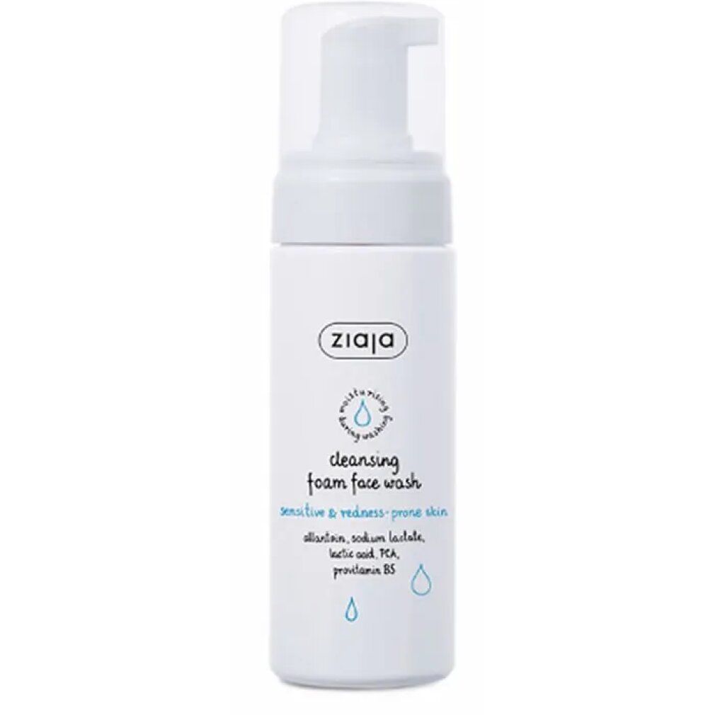 Weiße Flasche mit Pumpverschluss. Aufschrift: Ziaja, cleansing foam face wash. Für empfindliche Haut. Blaue Tropfen-Symbole.