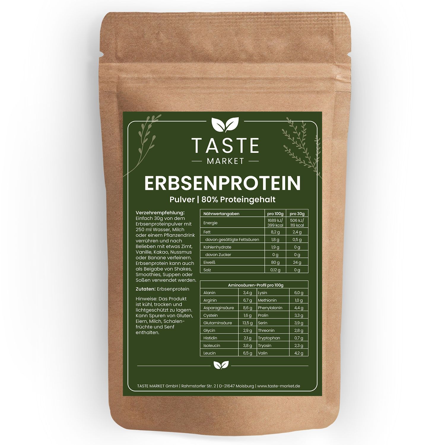 Taste Market Erbsenprotein Pulver in brauner Standverpackung mit Nährwertangaben und Aminosäurenprofil.