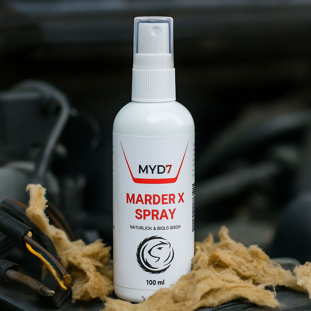 Weiße Sprühflasche mit roter und schwarzer Beschriftung. Aufschrift: MYD7, Marder X Spray, 100 ml. Logo: Marder. Hintergrund: Kabel und Dämmwolle.