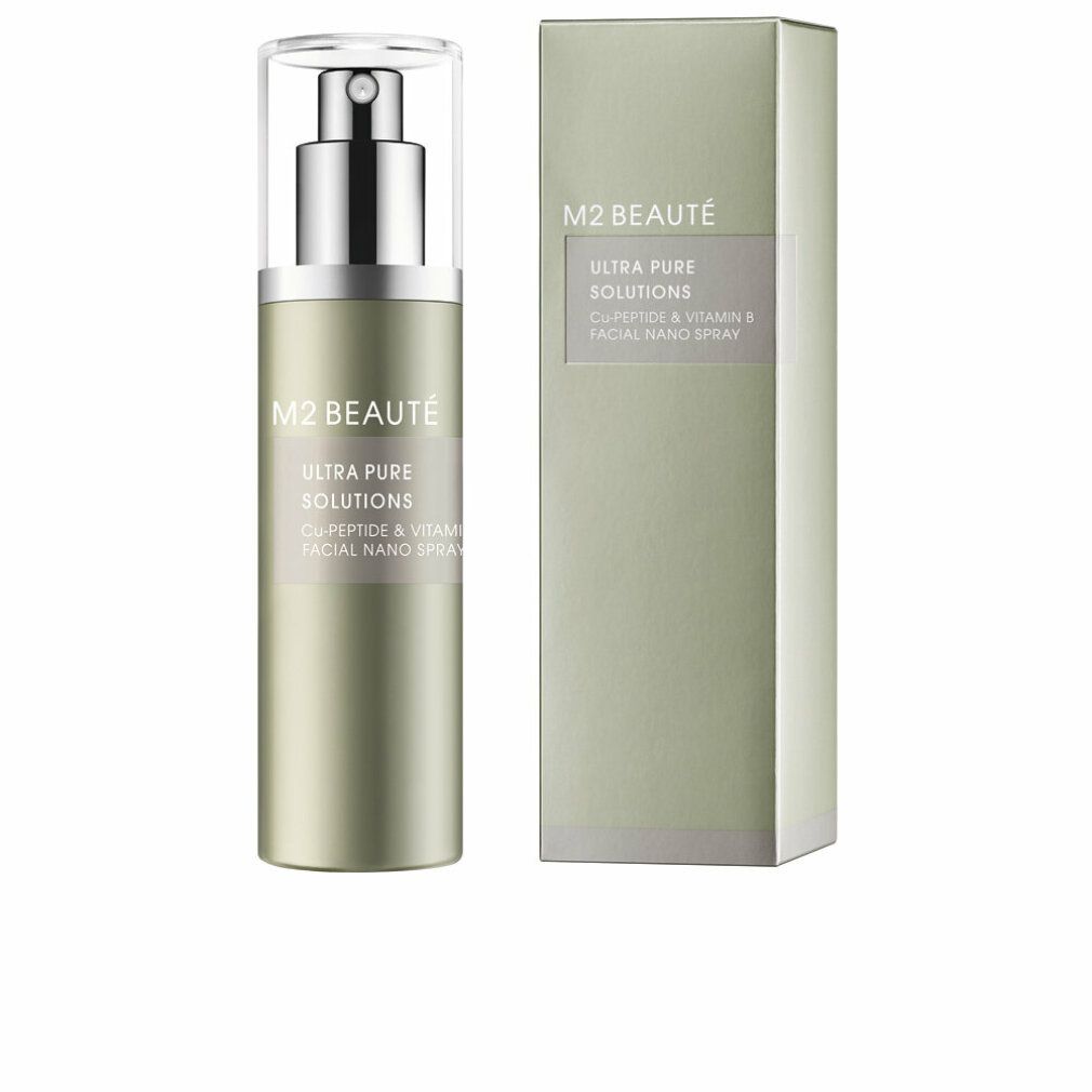 Serumflasche mit Sprühkopf und Karton. Aufschrift: M2 BEAUTÉ, ULTRA PURE SOLUTIONS, CU-PEPTIDE & VITAMIN B, FACIAL NANO SPRAY.