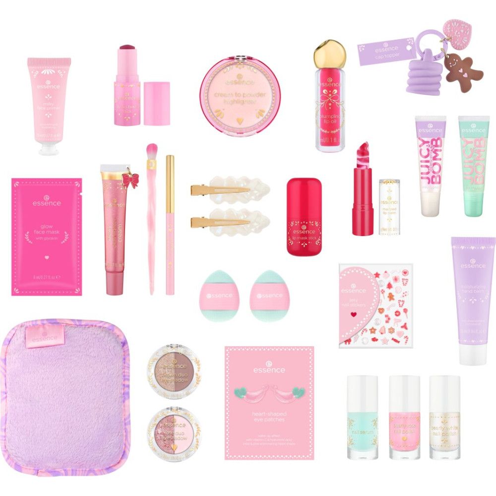 Essence Adventskalender 2026 Inhalt: Lippenstifte, Nagellacke, Pinsel, Schwämmchen.