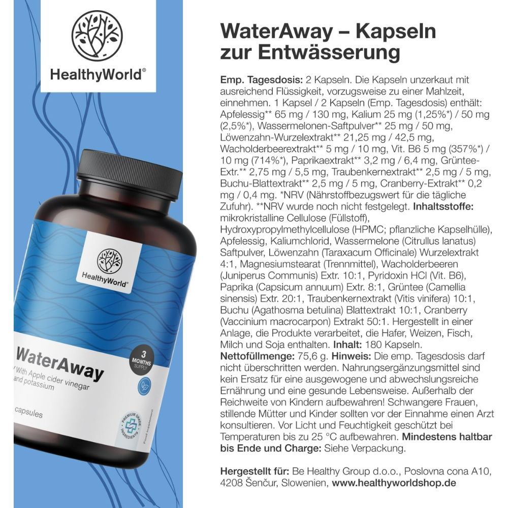 Flasche WaterAway, 180 Kapseln. Logo HealthyWorld. Text: WaterAway - capsules voor waterafvoer. Blaue Hintergrund.