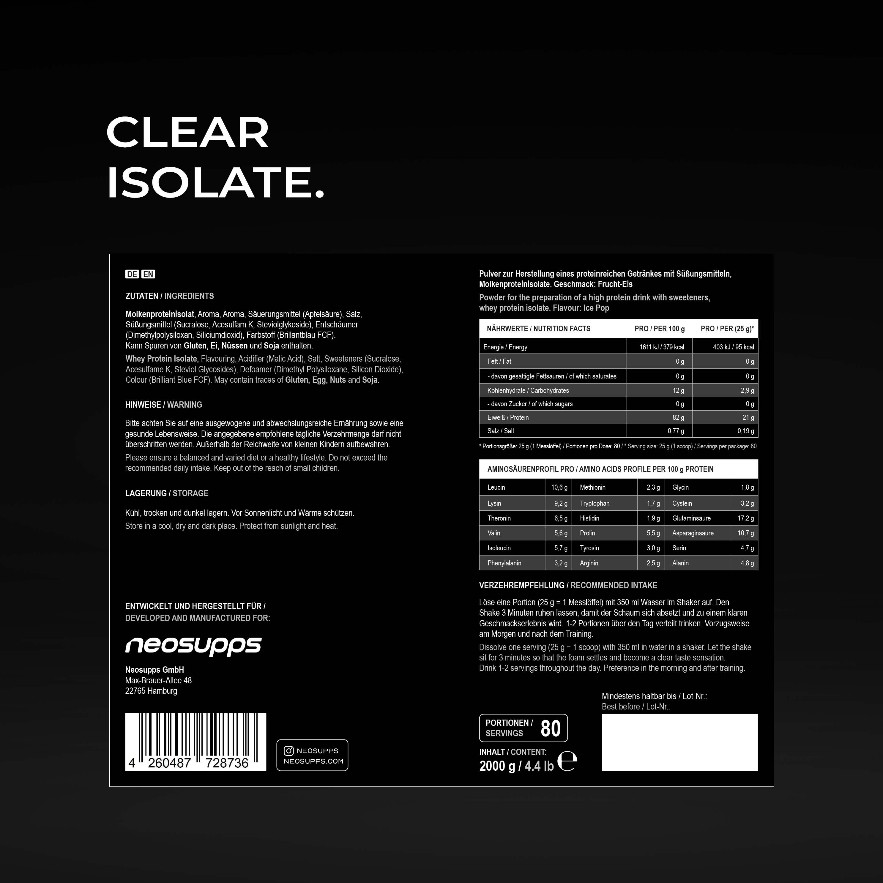 Rückseite des Neosupps Clear Isolate Protein Behälters mit Nährwertangaben und Zertifizierungen.