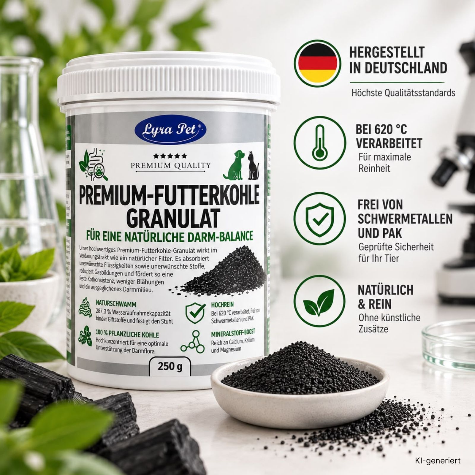 Lyra Pet Premium Futterkohle Granulat Behälter mit deutschen Qualitätsmerkmalen und Icons.