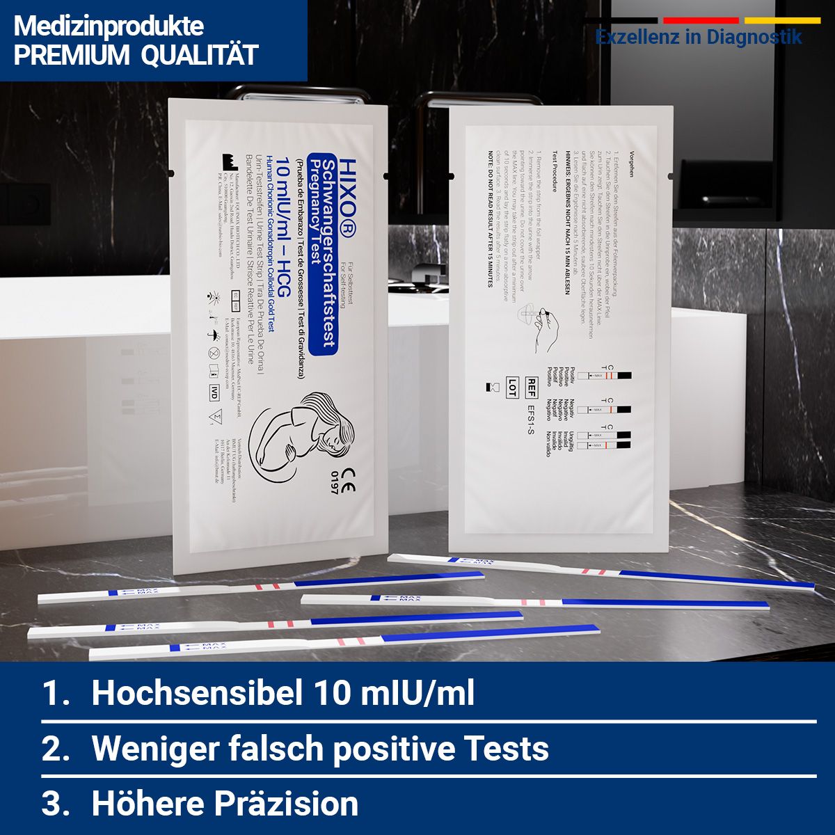 Verpackungen und Teststreifen. Aufdrucke: HIXO, 10 mIU/ml HCG. Text: Hochsensibel 10 mIU/ml, weniger falsch positive Tests, höhere Präzision.