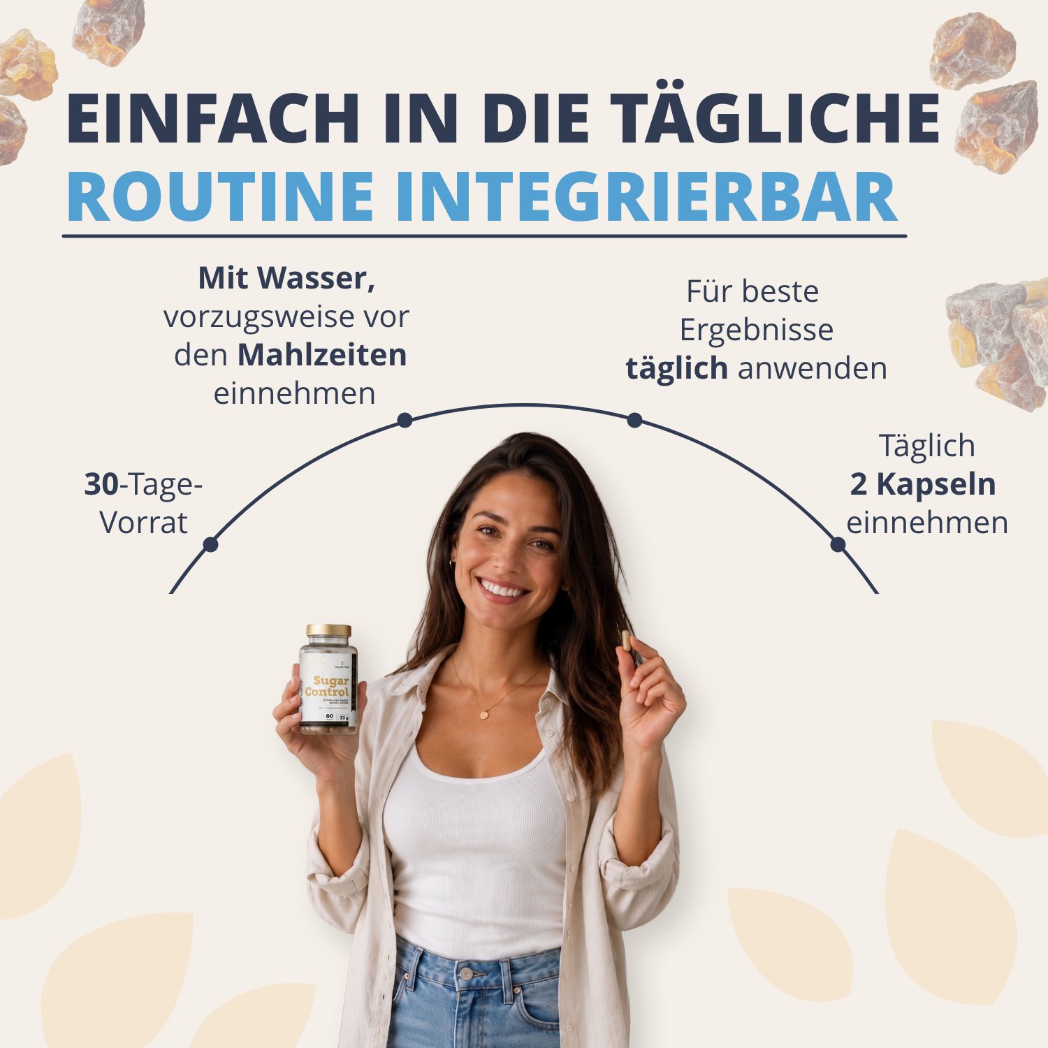 Frau mit Golden Tree Sugar Control Kapseln, tägliche Einnahme.