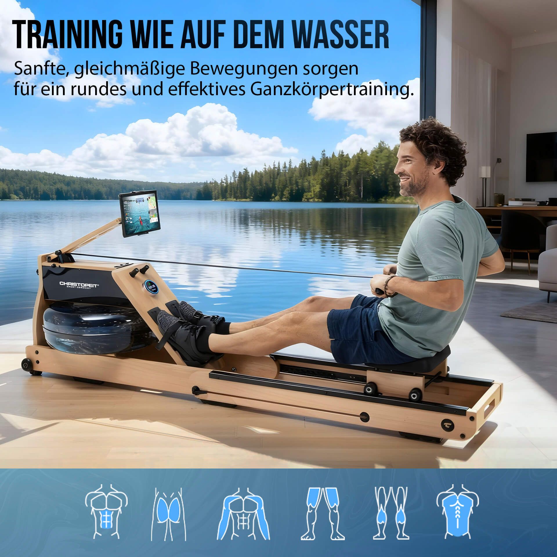 Holz-Wasserrudergerät. Mann trainiert auf dem Gerät. Hintergrund: See. Text: Training wie auf dem Wasser. Sanfte, gleichmäßige Bewegungen.