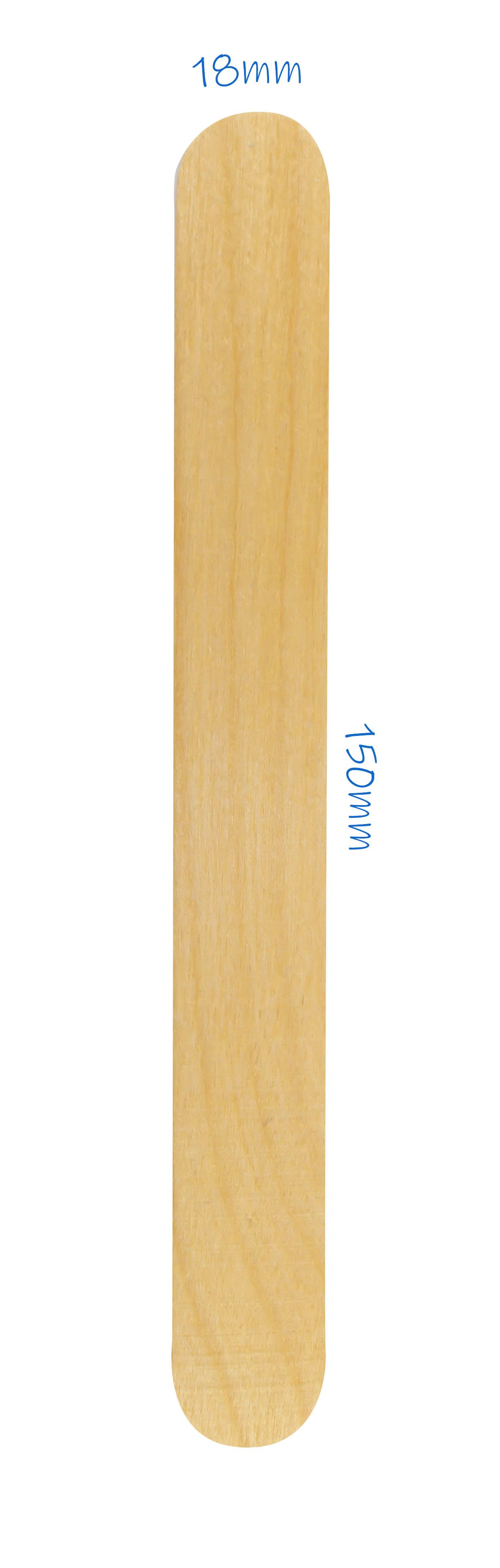 Einzelner Holz-Zungenspatel. Maße: 150mm lang, 18mm breit. Abgerundete Enden. Holzmaserung sichtbar.