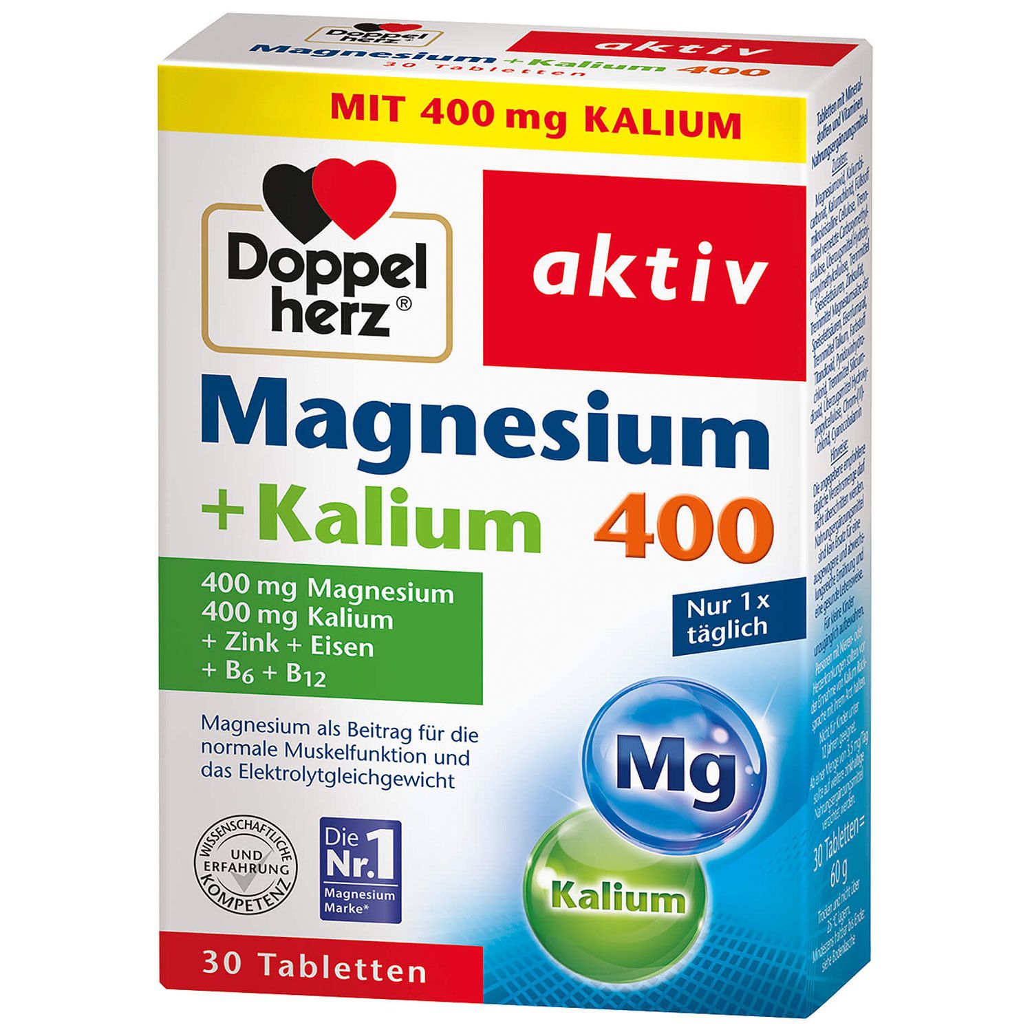Verpackung von Doppelherz Magnesium + Kalium 400 Tabletten. Enthält 30 Tabletten. Mit Mg und Kalium Symbolen.