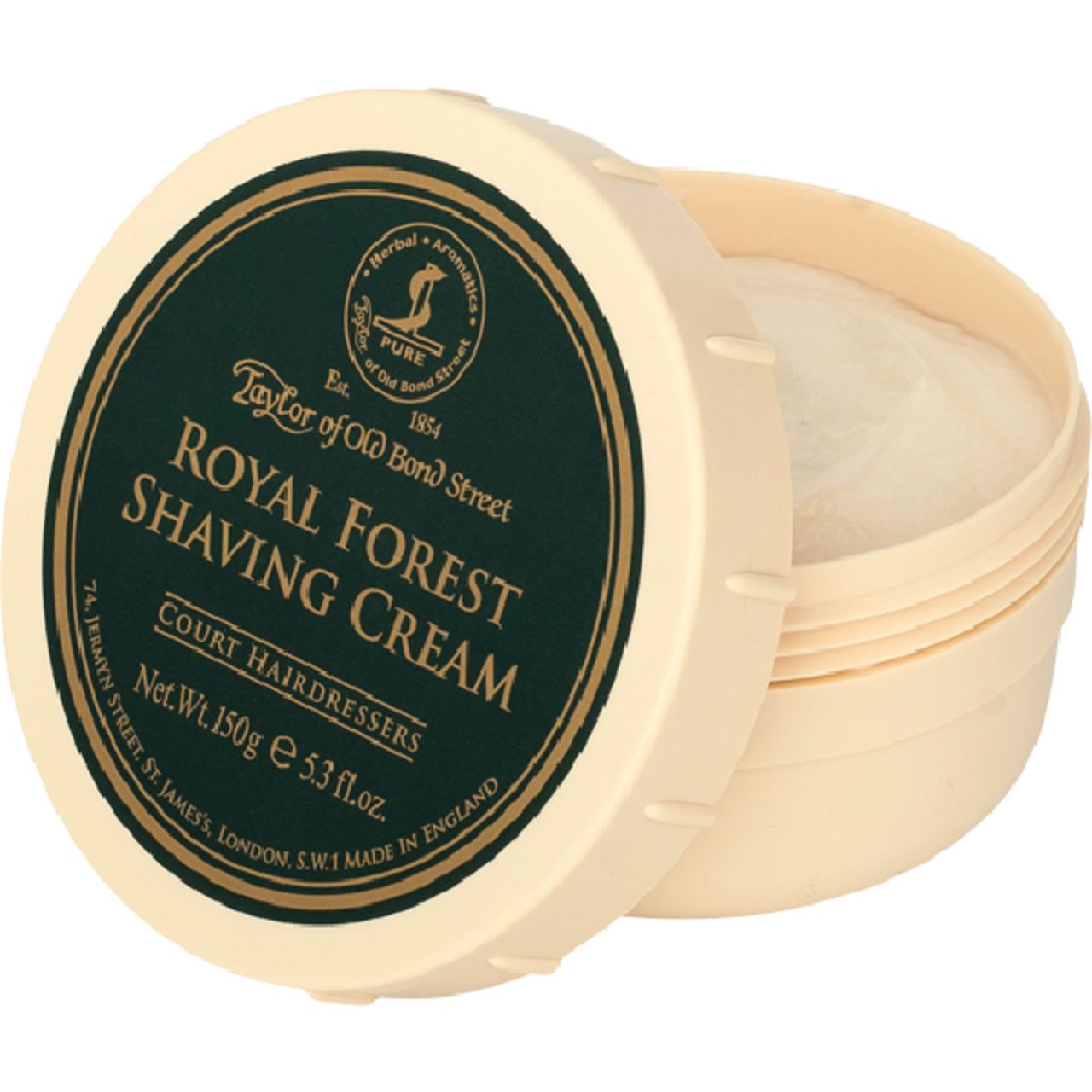 Beige Dose mit grünem Deckel, "Royal Forest Shaving Cream" von Taylor of Old Bond Street. Deckel geöffnet, Creme sichtbar.