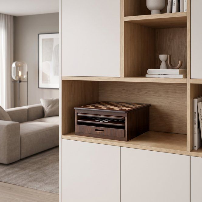 Mehrspartenspiel-Set in einem Holzschrank, auf einem Regal in einem Wohnzimmer platziert.
