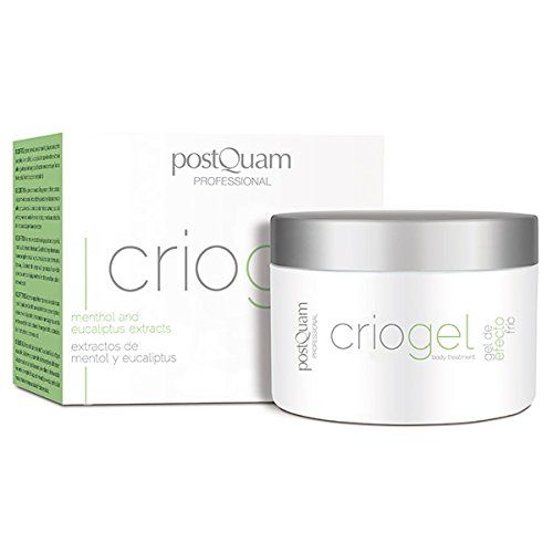 Creme-Tiegel und Verpackung. Aufschrift 'criogel' und 'PostQuam'. Enthält Menthol und Eukalyptus-Extrakte.