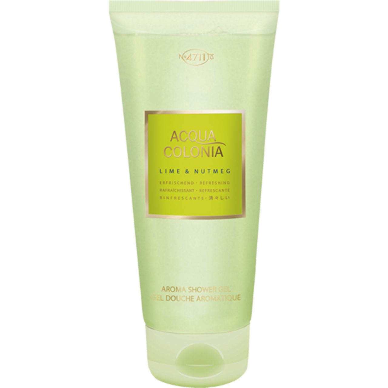 Grüne Tube. Aufschrift: Acqua Colonia Lime & Nutmeg Aroma Shower Gel. Goldfarbenes Etikett. Hellgrüner Hintergrund.