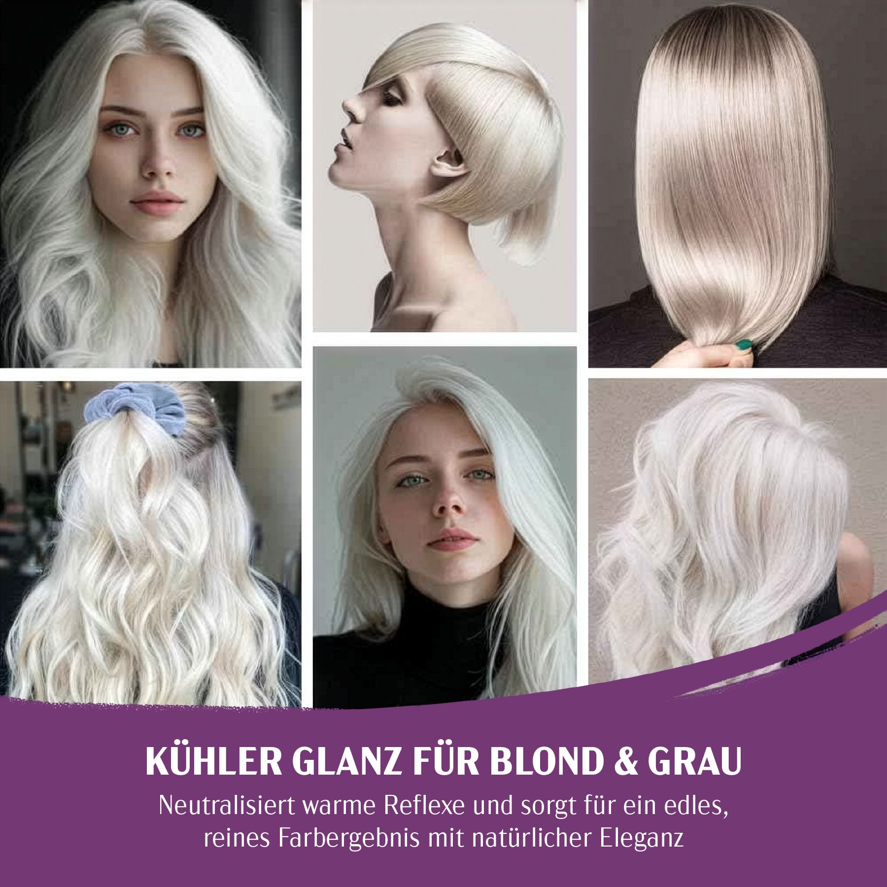 Karseell Haarmaske Purple. Collage von Frauen mit blondem und grauem Haar. Text: Kühler Glanz für Blond & Grau.