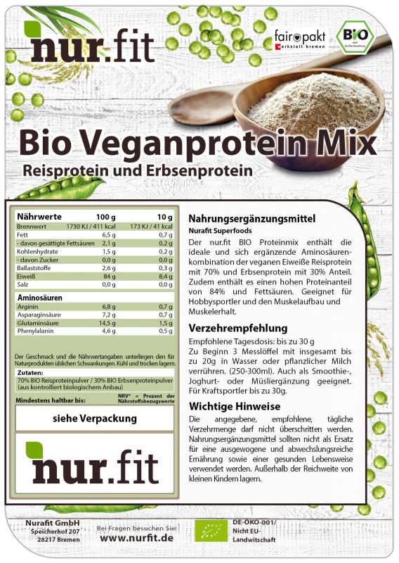 Etikett mit Produktinformationen. Aufschrift: nur.fit Bio Veganprotein Mix. Enthält Nährwertangaben und Anwendungshinweise.