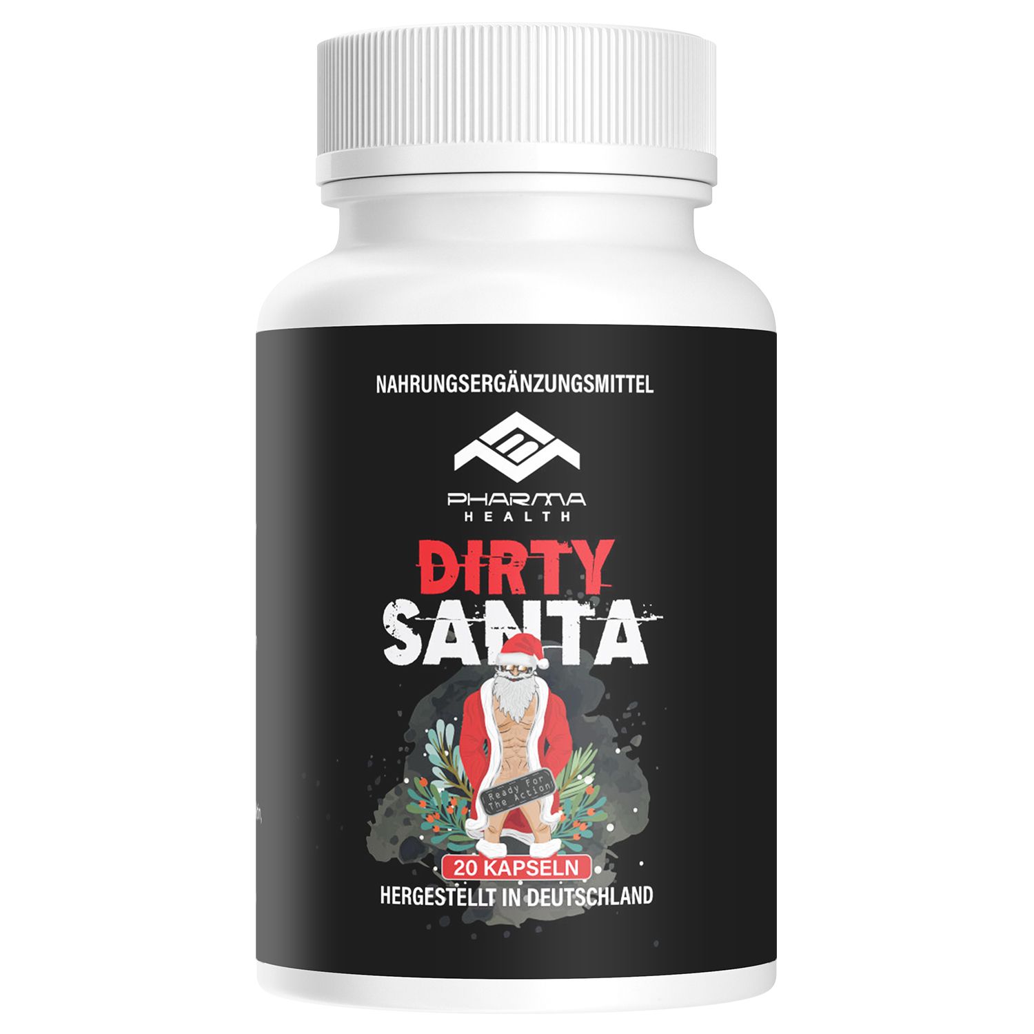 Weiße Flasche mit schwarzem Etikett. Aufschrift "Dirty Santa" und "Pharma Health". Abbildung eines Weihnachtsmanns. 20 Kapseln.