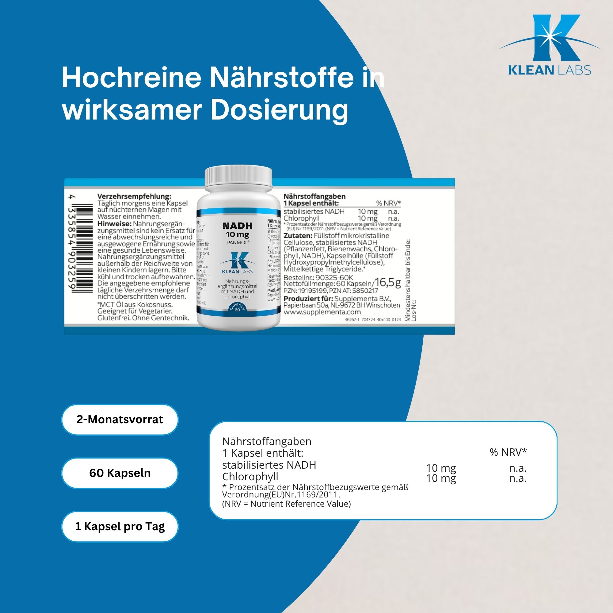 Blaue Infografik mit Text und Produktabbildung. NADH 10 mg PANMOL, Klean Labs. 60 Kapseln.