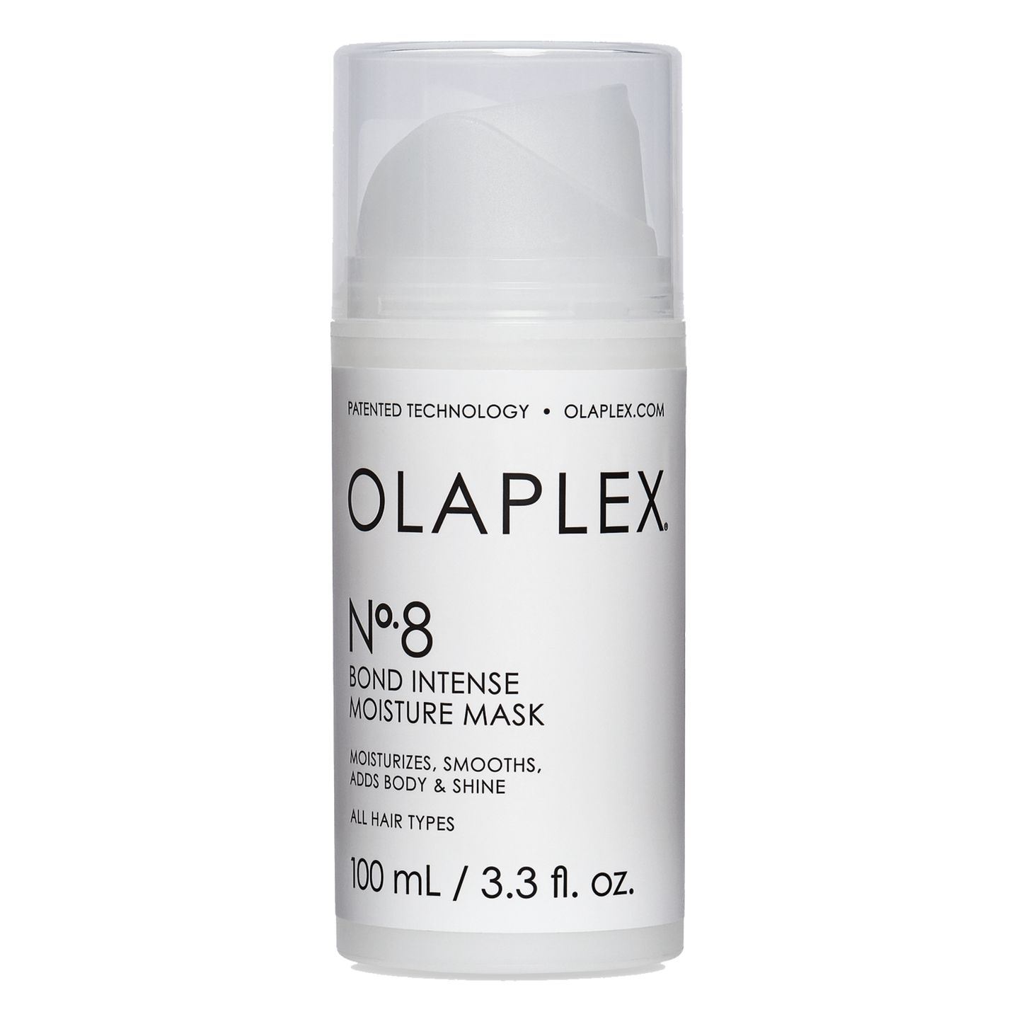 Witte fles Olaplex No.8 Bond Intense Moisture Mask. Tekst: 100 ml / 3.3 fl. oz. Voor alle haartypes.