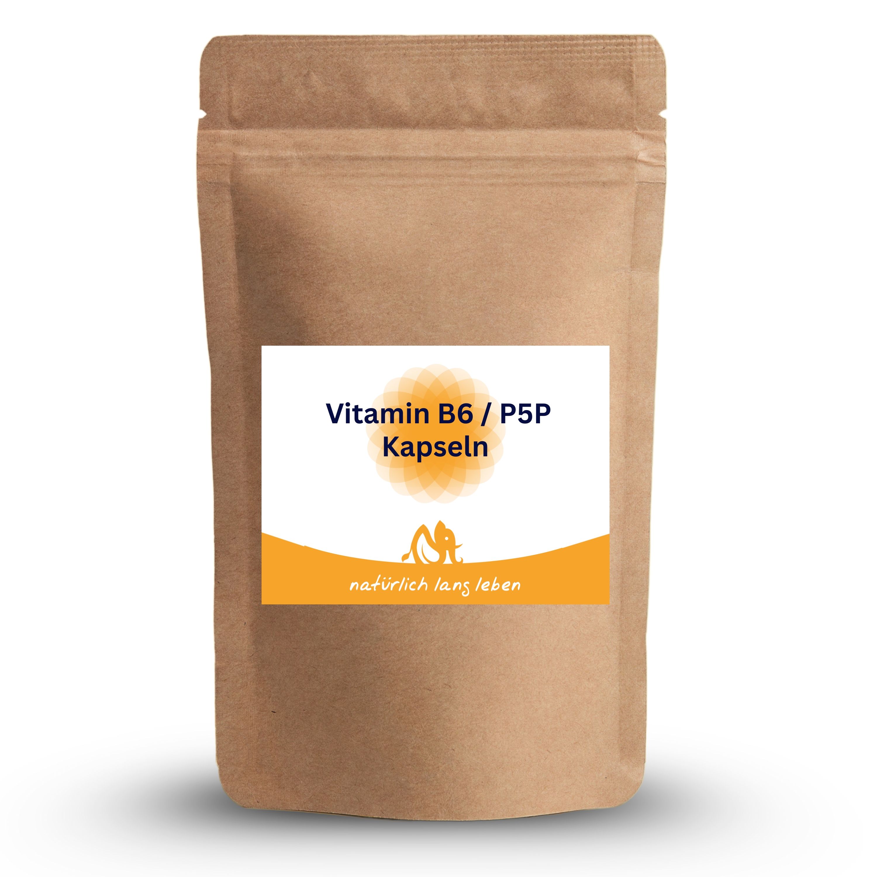 Braune Tüte mit Etikett. Aufschrift: Vitamin B6 / P5P Kapseln. Logo: natürlich lang leben.