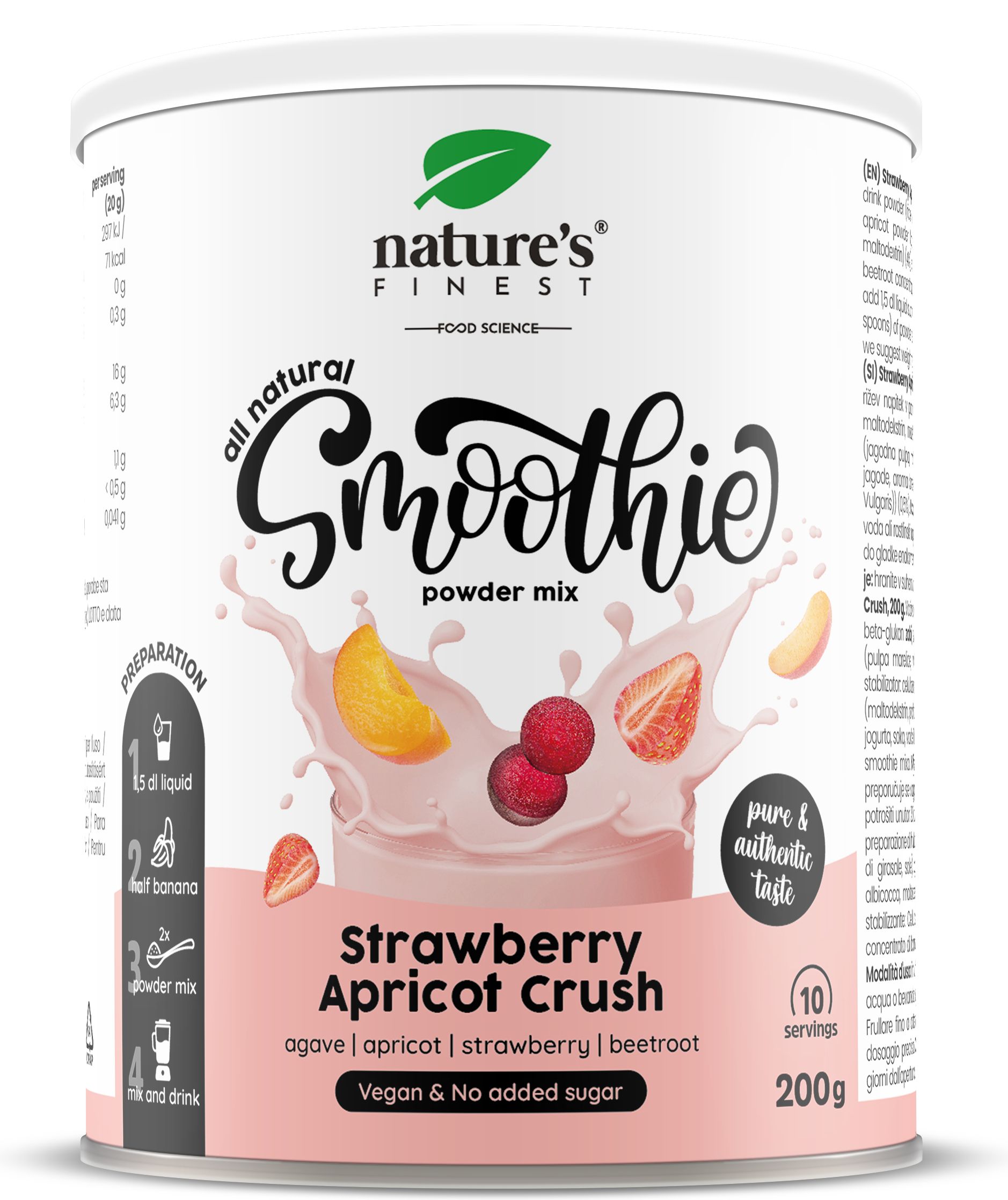 Runde Dose mit „Nature's Finest Smoothie Strawberry Apricot Crush“. Aufschrift: Erdbeere, Aprikose, vegan, ohne Zuckerzusatz. Abbildung von Früchten.