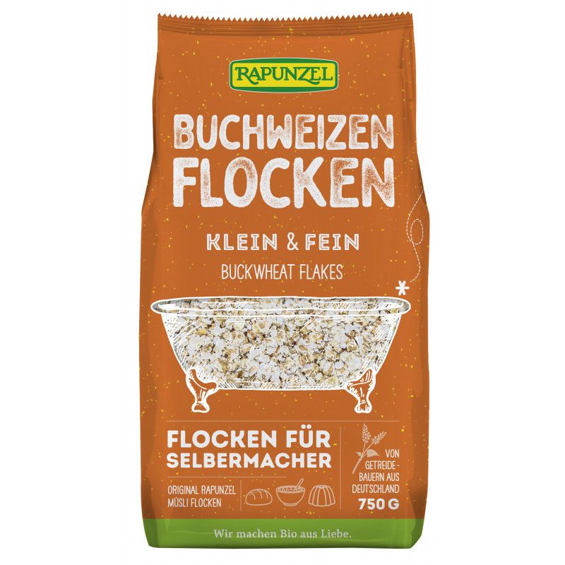Verpackung mit Buchweizenflocken. Aufschrift: Rapunzel, Buchweizenflocken, Klein & Fein, Buckwheat flakes. 750g. Bio.