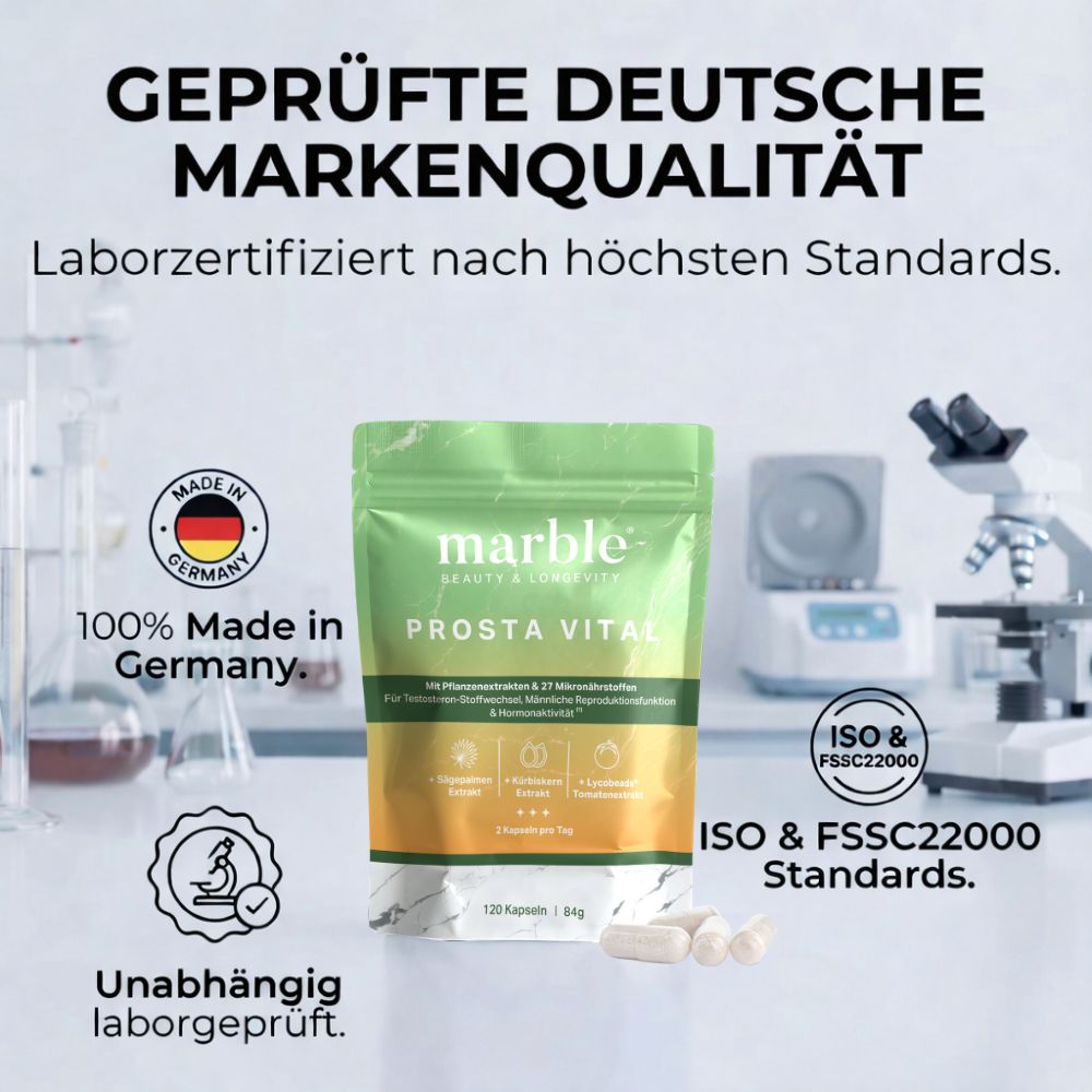 Grüner Beutel mit Kapseln. Text: marble Prosta Vital. Geprüfte deutsche Markenqualität. Made in Germany. ISO & FSSC22000 Standards. 120 Kapseln.