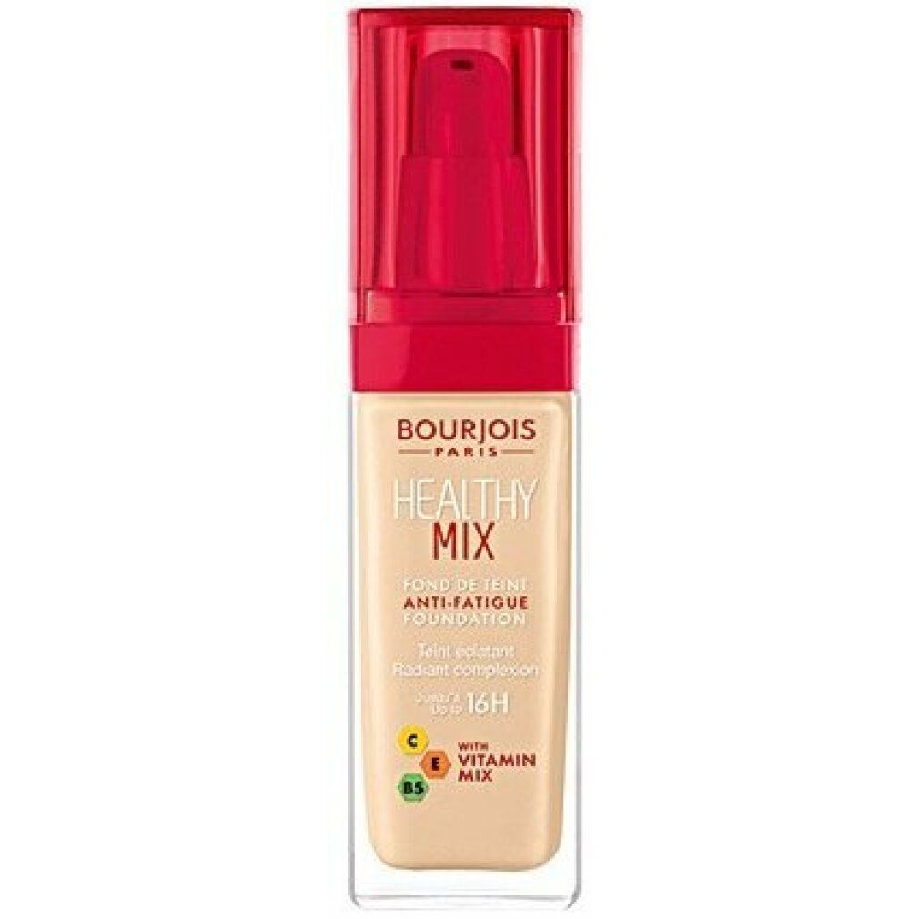 Flüssiges Make-up in einer transparenten Flasche mit rotem Deckel. Aufschrift: Healthy Mix, Anti-Fatigue Foundation. Enthält Vitamine.