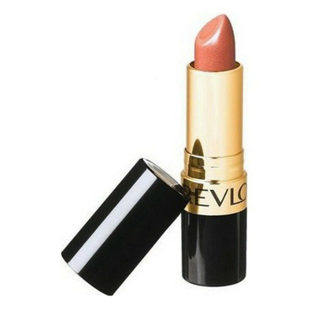 Lippenstift, Farbe Pfirsich. Schwarzer, goldfarbener und schwarzer Behälter. Deckel daneben.