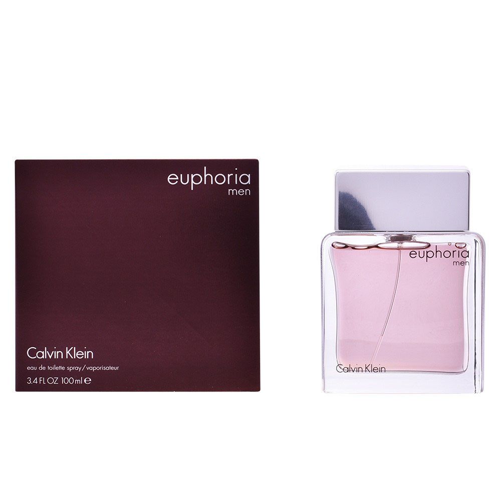 Flakon und Verpackung von Calvin Klein Euphoria Men. Flakon mit silbernem Deckel, rosa Flüssigkeit. Verpackung in Braun.