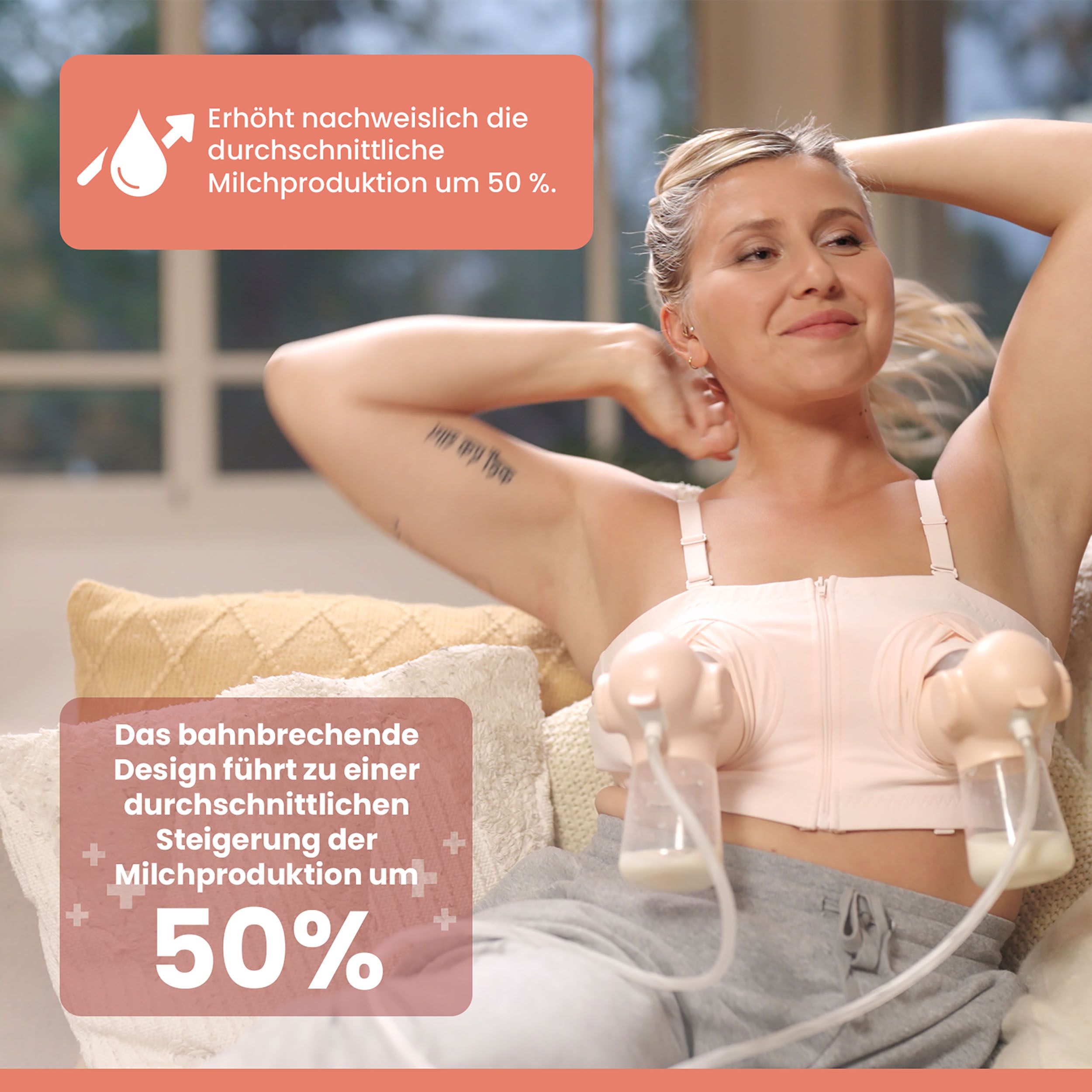 Frau mit Still-BH und Doppelmilchpumpe. Text: Steigerung der Milchproduktion um 50%.