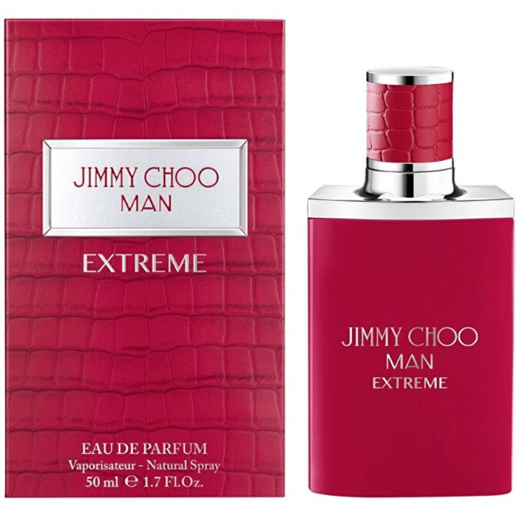 Rotes Parfümflakon und Verpackung. Aufschrift: JIMMY CHOO MAN EXTREME. Verpackung mit Krokodilmuster.