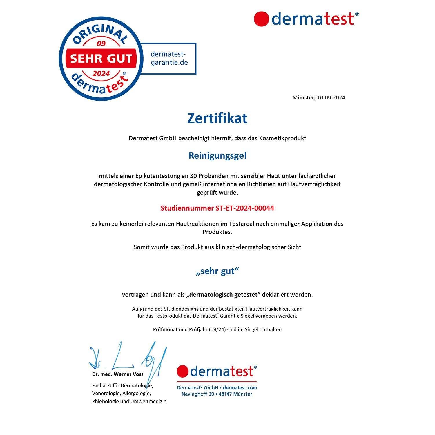 Zertifikat von Dermatest. Siegel: ORIGINAL SEHR GUT 2024. Text: Reinigungsgel, dermatologisch getestet, sehr gut.