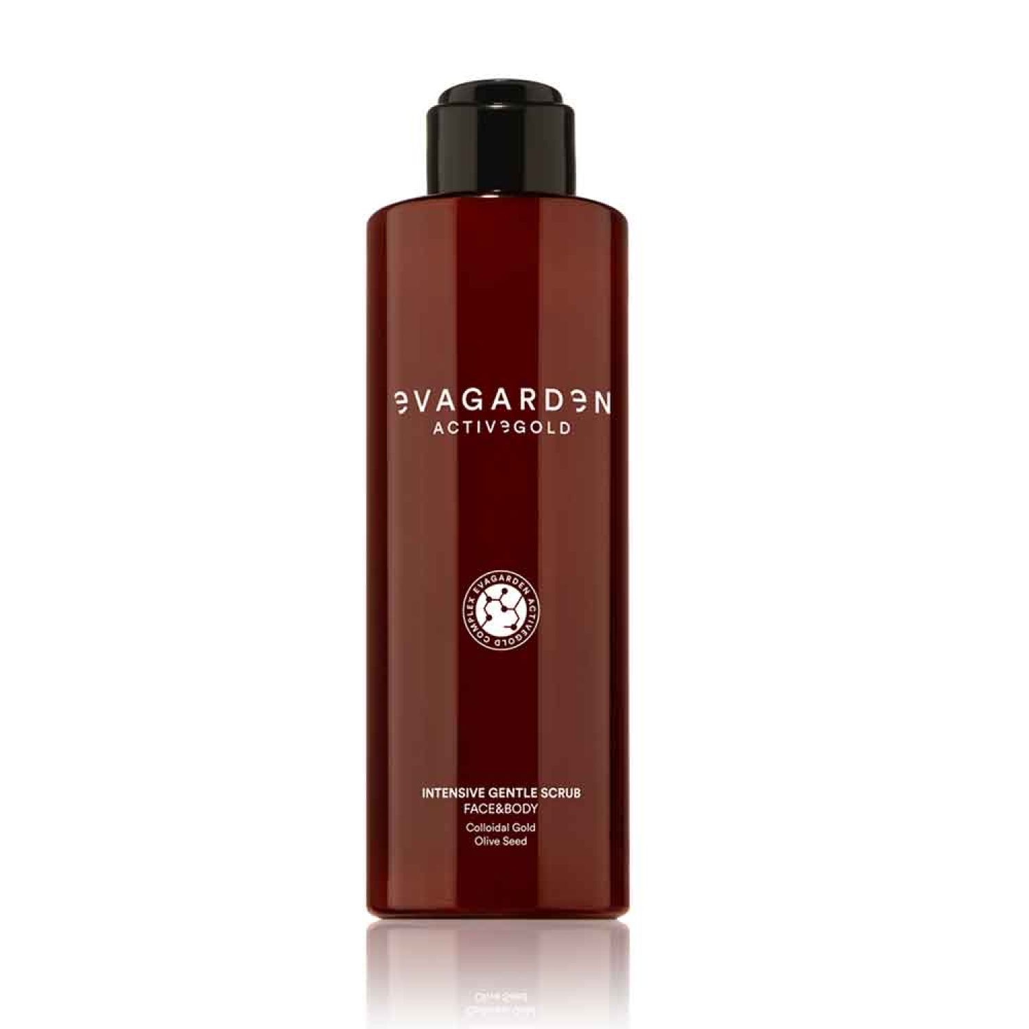 Braune Flasche mit schwarzem Deckel. Aufschrift: Eva Garden Active Gold Intensive Gentle Scrub Face & Body. Mit Siegel.