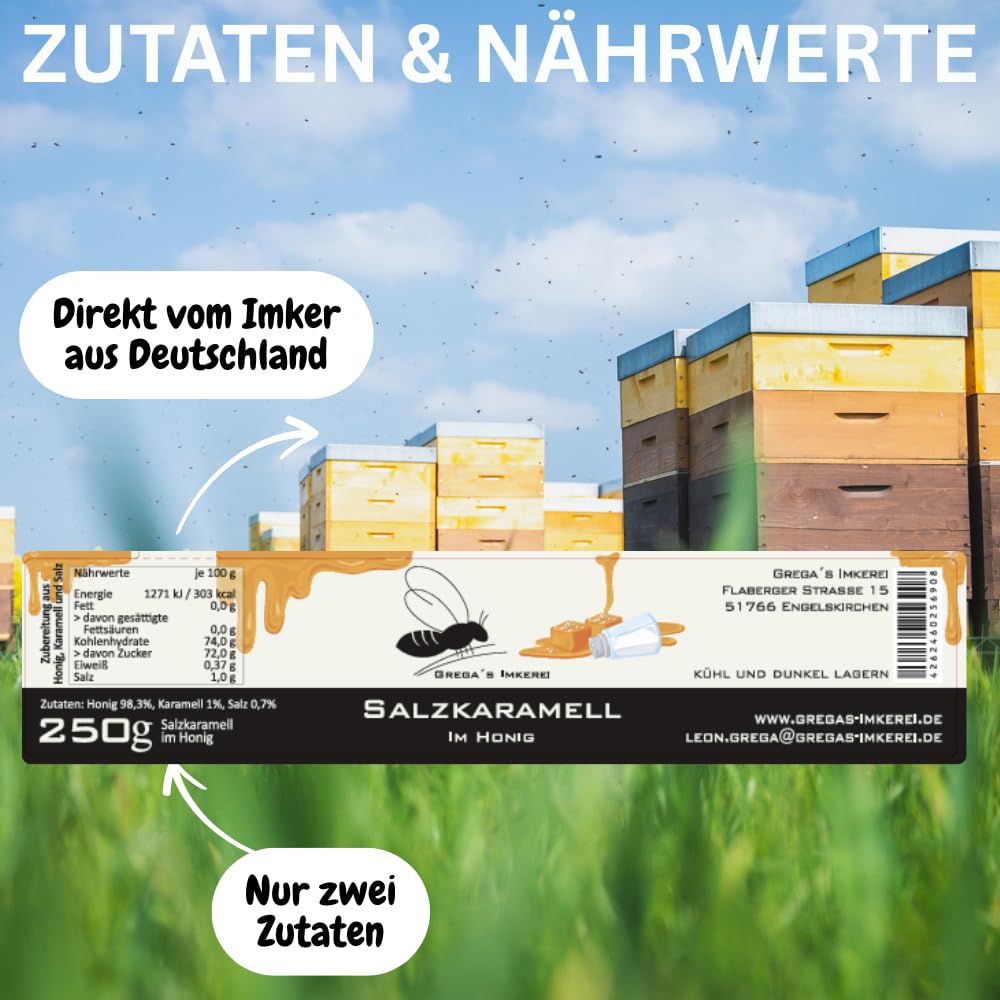 Verpackung mit Honig-Salzkaramell, 250g. Direkt vom Imker aus Deutschland.