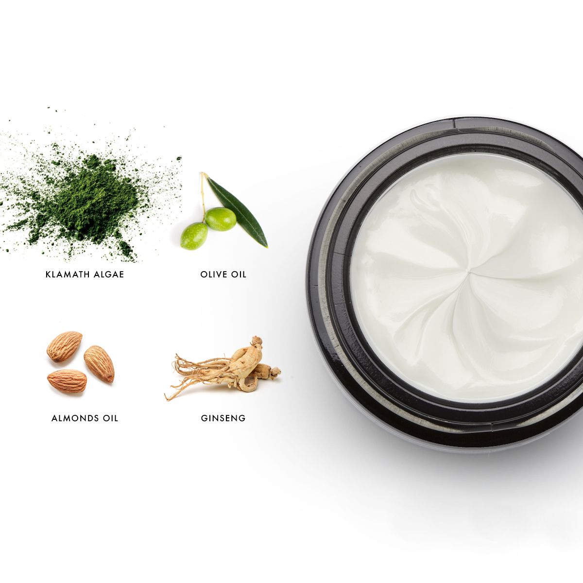 Alkemy Augencreme-Tiegel mit Zutaten: Klamath-Algen, Olivenöl, Mandelöl, Ginseng.