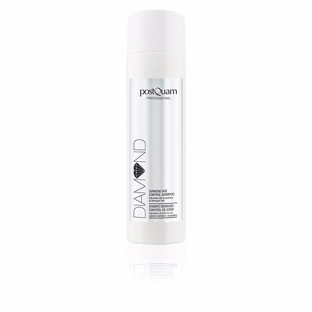 Weiße Shampoo-Flasche mit schwarzem und silbernem Etikett. Aufschrift: DIAMOND, PostQuam Professional, Age Control Shampoo.