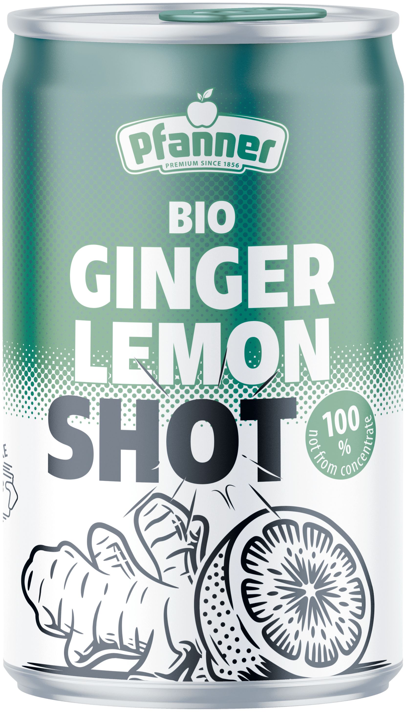 Eine Dose „Pfanner Bio Ginger Lemon Shot“ mit Ingwer- und Zitronenabbildungen. „100% not from concentrate“ ist aufgedruckt.