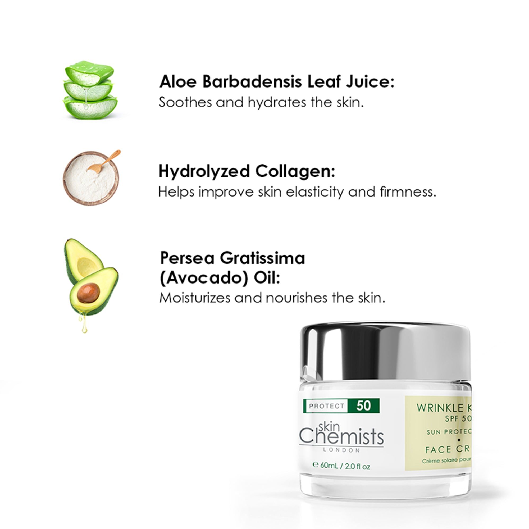 Creme-Tiegel mit Inhaltsstoffen: Aloe, Kollagen, Avocado-Öl. Aufschrift: Protect 50, Skin Chemists London, Face Crème solaire pour.
