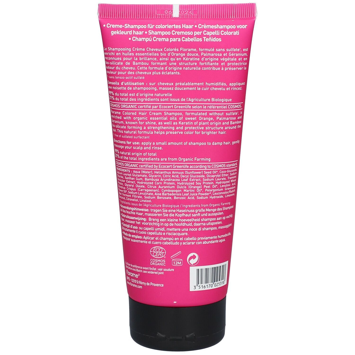 Rückseite der rosa Tube. Text in mehreren Sprachen. Bio-Zertifizierung. Inhaltsstoffe und Anwendungshinweise.