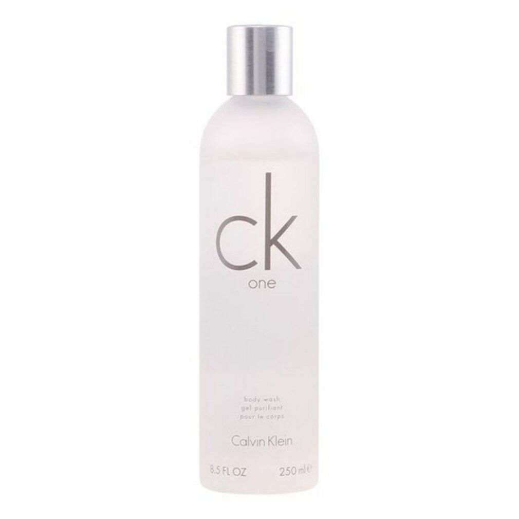 Körperwäsche-Flasche mit silbernem Deckel. Aufschrift "ck one" und "Calvin Klein". 250ml.