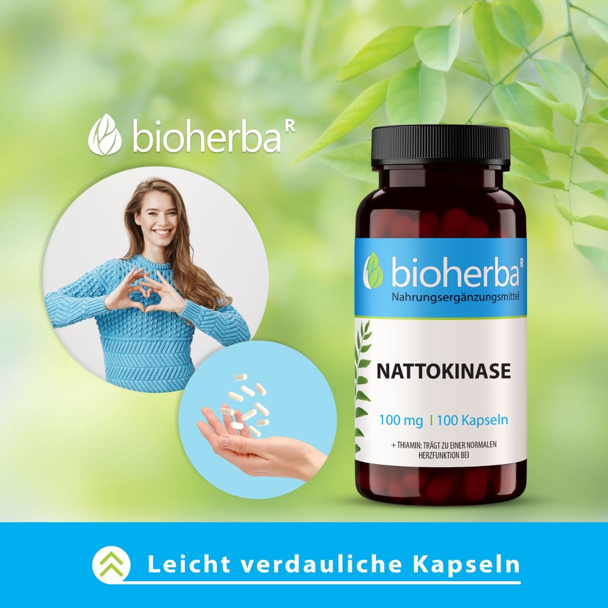 Frau hält Kapseln in der Hand. Braune Flasche mit schwarzem Deckel. Aufkleber mit Produktname und Logo. Text: Nattokinase, 100 mg | 100 Kapseln.