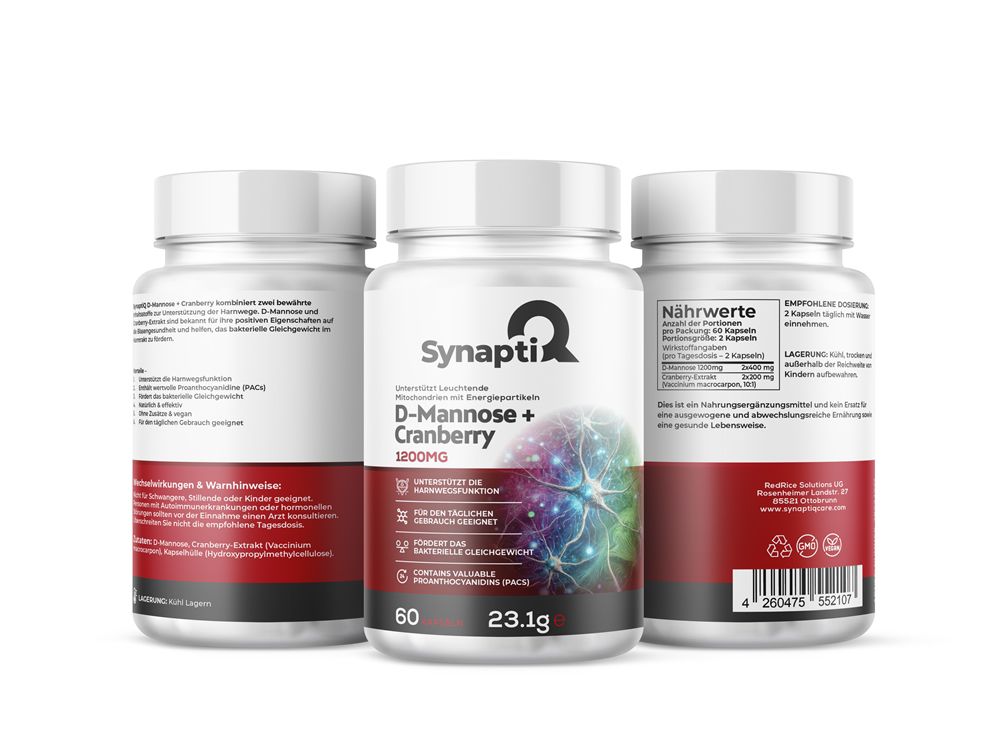 Drei SynaptiQ®-Dosen mit Kapseln. Enthält D-Mannose und Cranberry. Weiße Dosen mit rotem Etikett. 60 Kapseln, 23,1g.