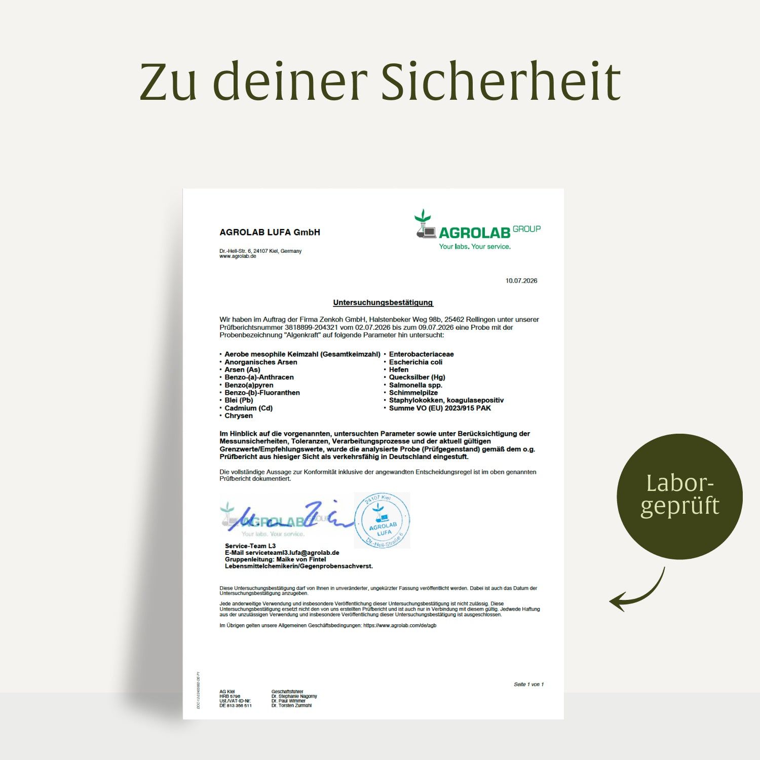 AGROLAB Labor-Prüfbericht für NATURTREU Blutdruck OPC-Komplex. Bestätigt Prüfung auf Parameter wie Arsen, Salmonellen, E. coli.