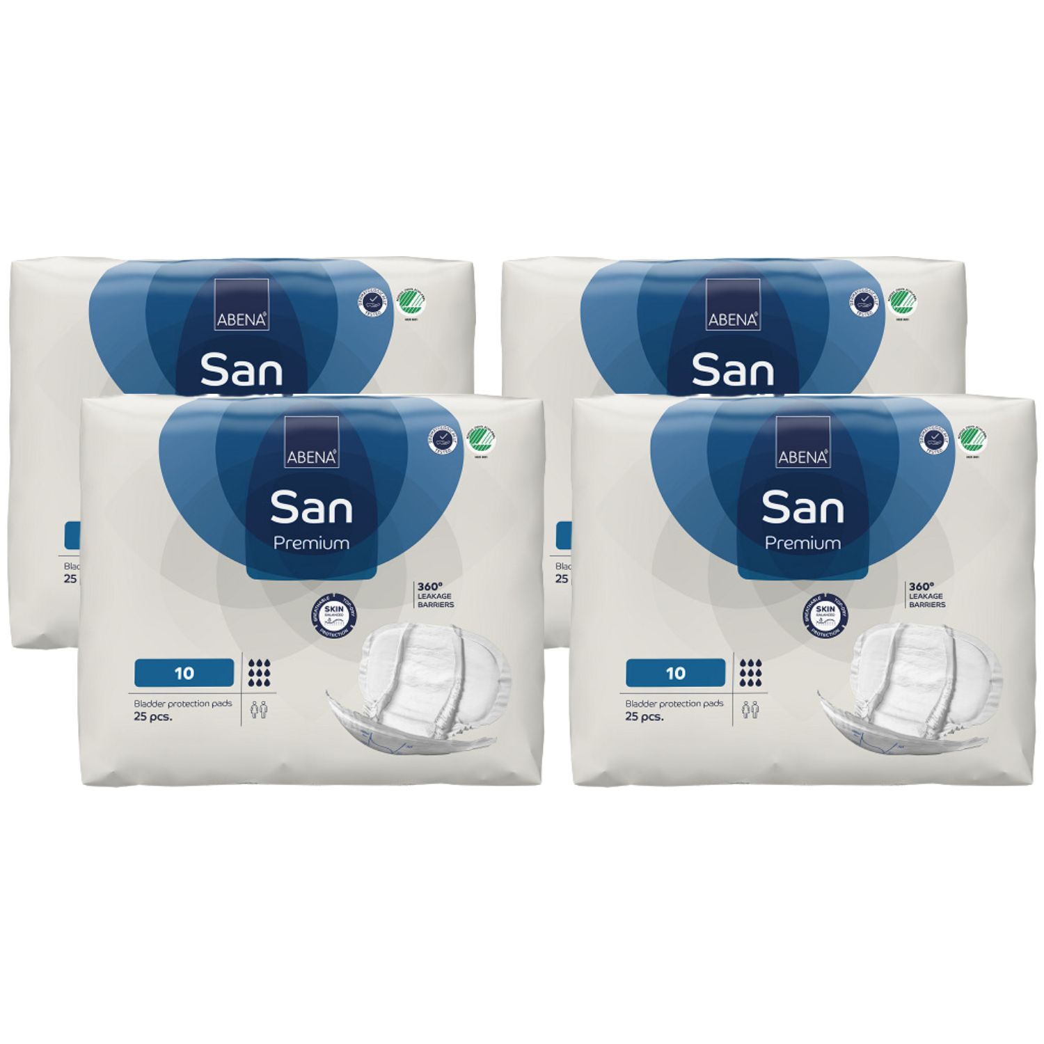 ABENA San Premium Vorlagen. Vier Packungen. Jede Packung enthält 25 Stück. Aufdrucke: ABENA San Premium, 10, 360° Leakage Barriers.