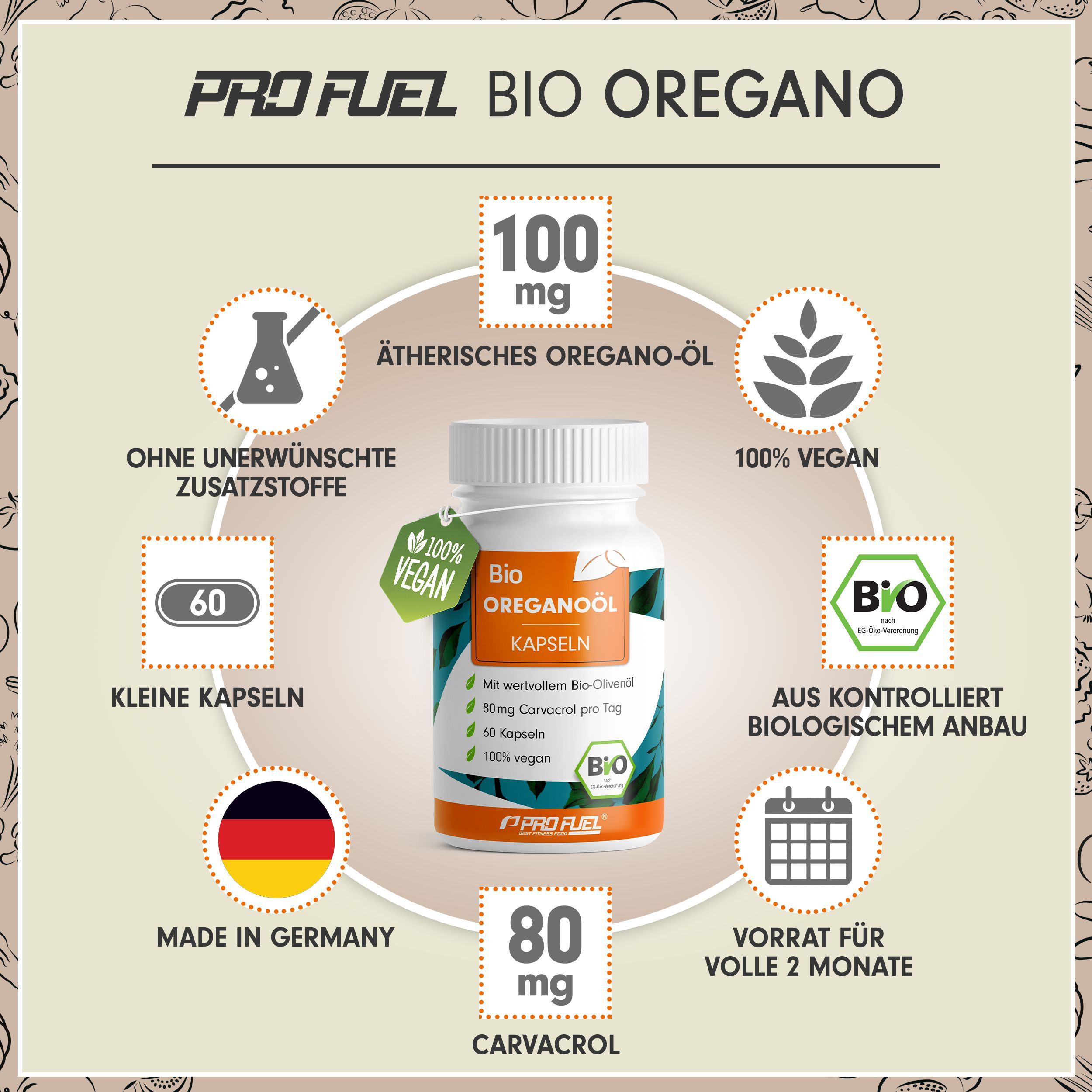 Weiße Kapsel-Dose mit Aufschrift 'Bio Oreganoöl Kapseln'. Enthält 60 Kapseln, 100% vegan, Bio-Siegel. Hergestellt in Deutschland.