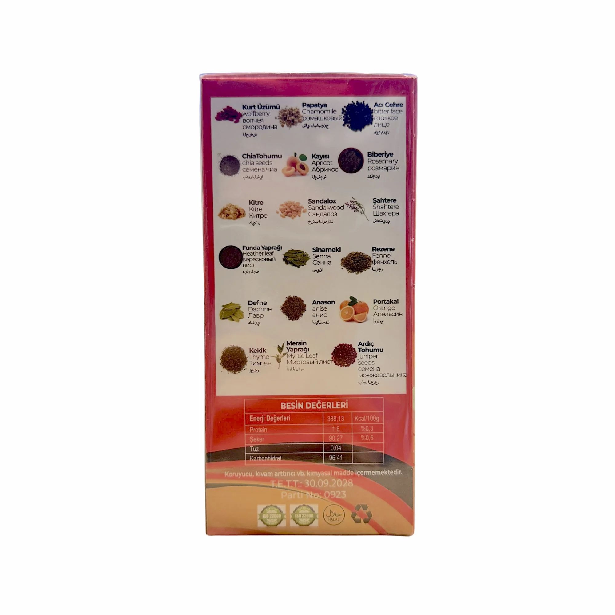 Verpackung mit Kräutertee-Zutaten und Nährwertangaben. Verschiedene Kräuter und Früchte sind abgebildet. Text in Türkisch.