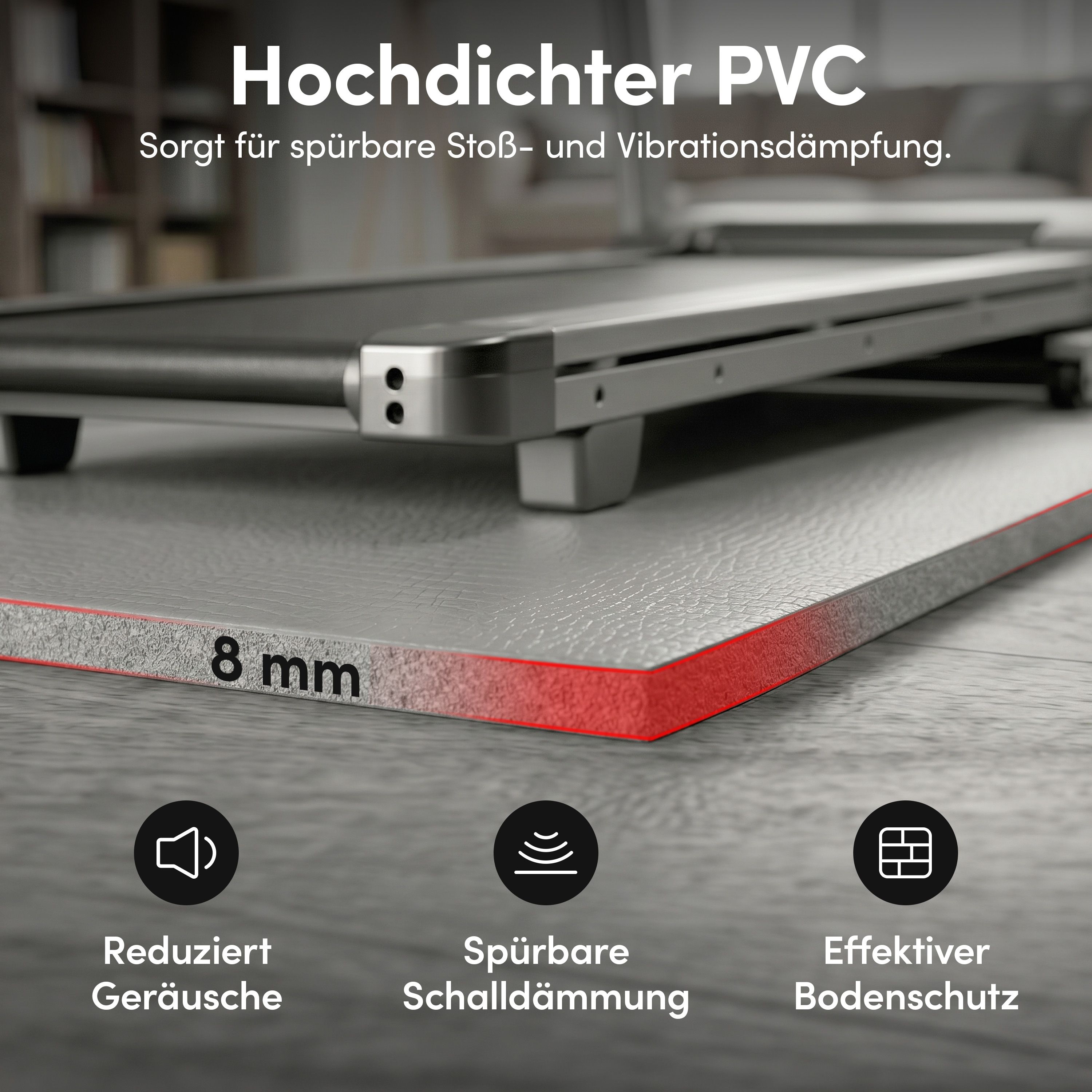 Graue Fitnessmatte mit rotem Rand, unter einem Laufband. Zeigt die Dicke von 8 mm. Enthält Symbole für Geräuschreduzierung und Schallabsorption.